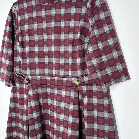 Modcloth Proudest Moments Plaid A Line Pleated Dress - Burgundy Gray 2X - Picture 3 of 6